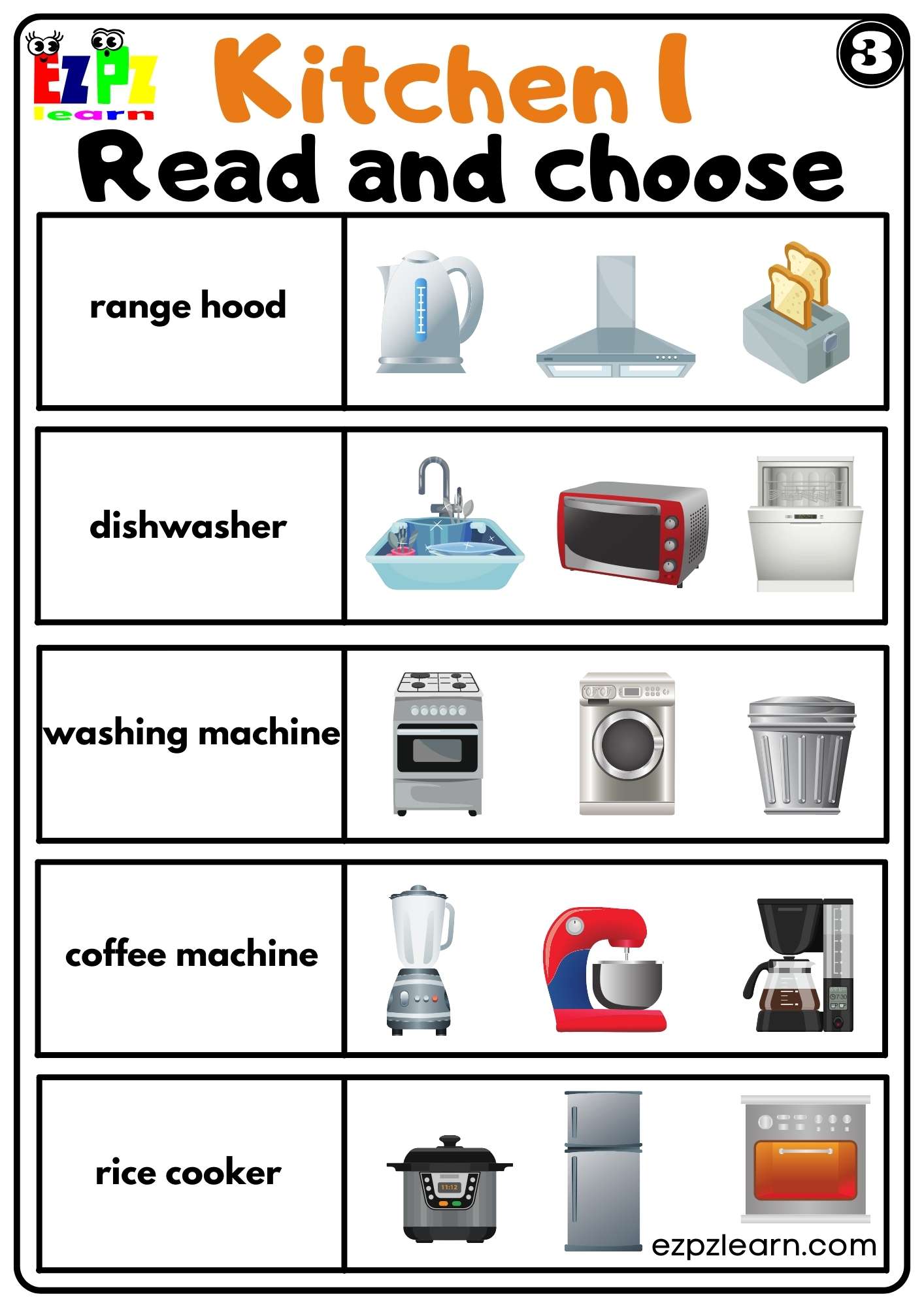 Kitchen Appliances Read and Choose Worksheet Set 3 for ESL and Homeschool students PDF Download